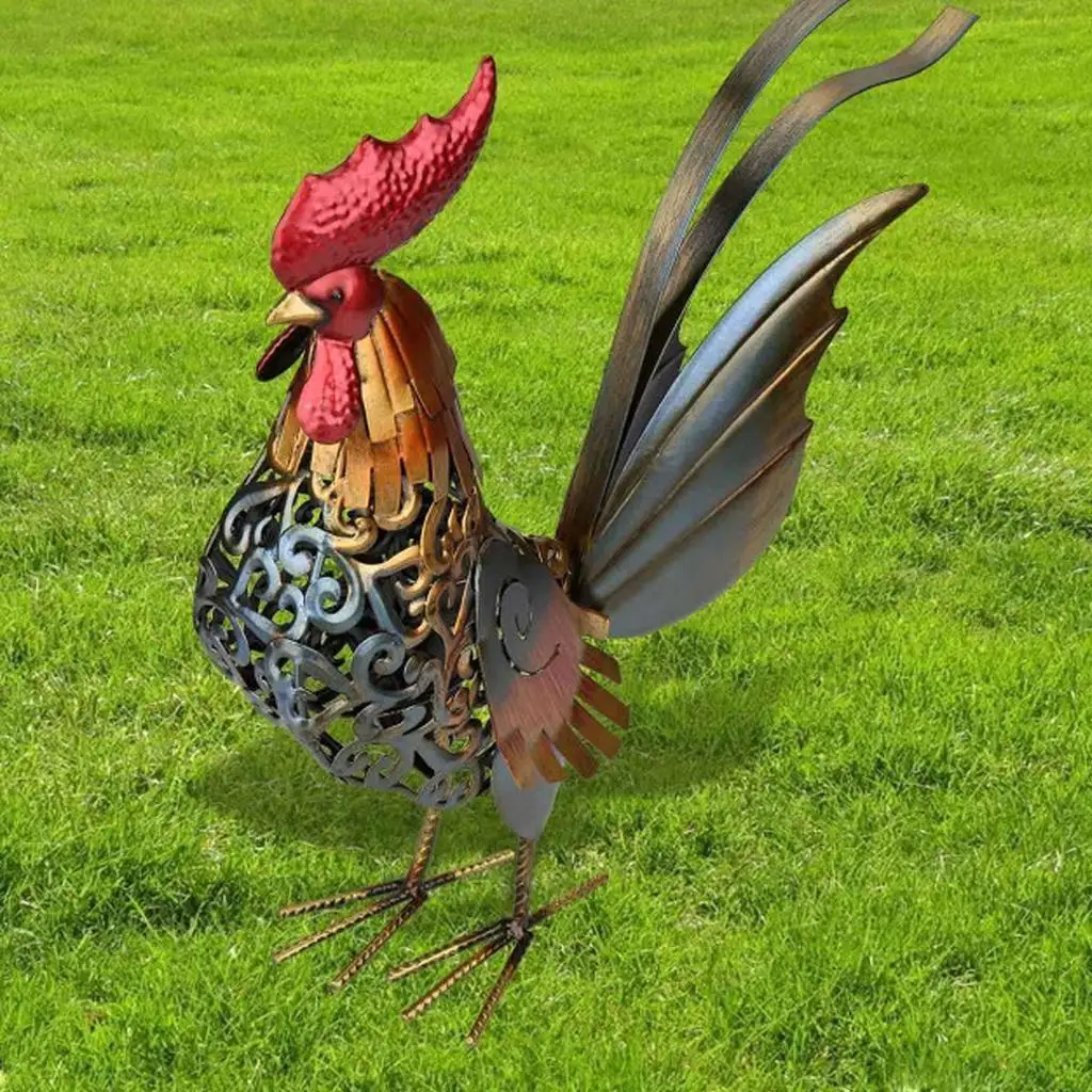 Iron Metal Rooster Statue Decorative Garden Sculpture Handmade Cockerel Ornament for Outdoor Yard Art