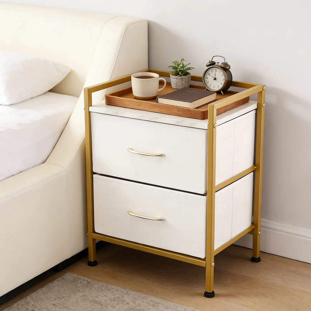 Nightstand With Fabric 2 Drawers,Sturdy Steel Frame,Organizer Unit for Bedroom, Living Room, Office - Image 2