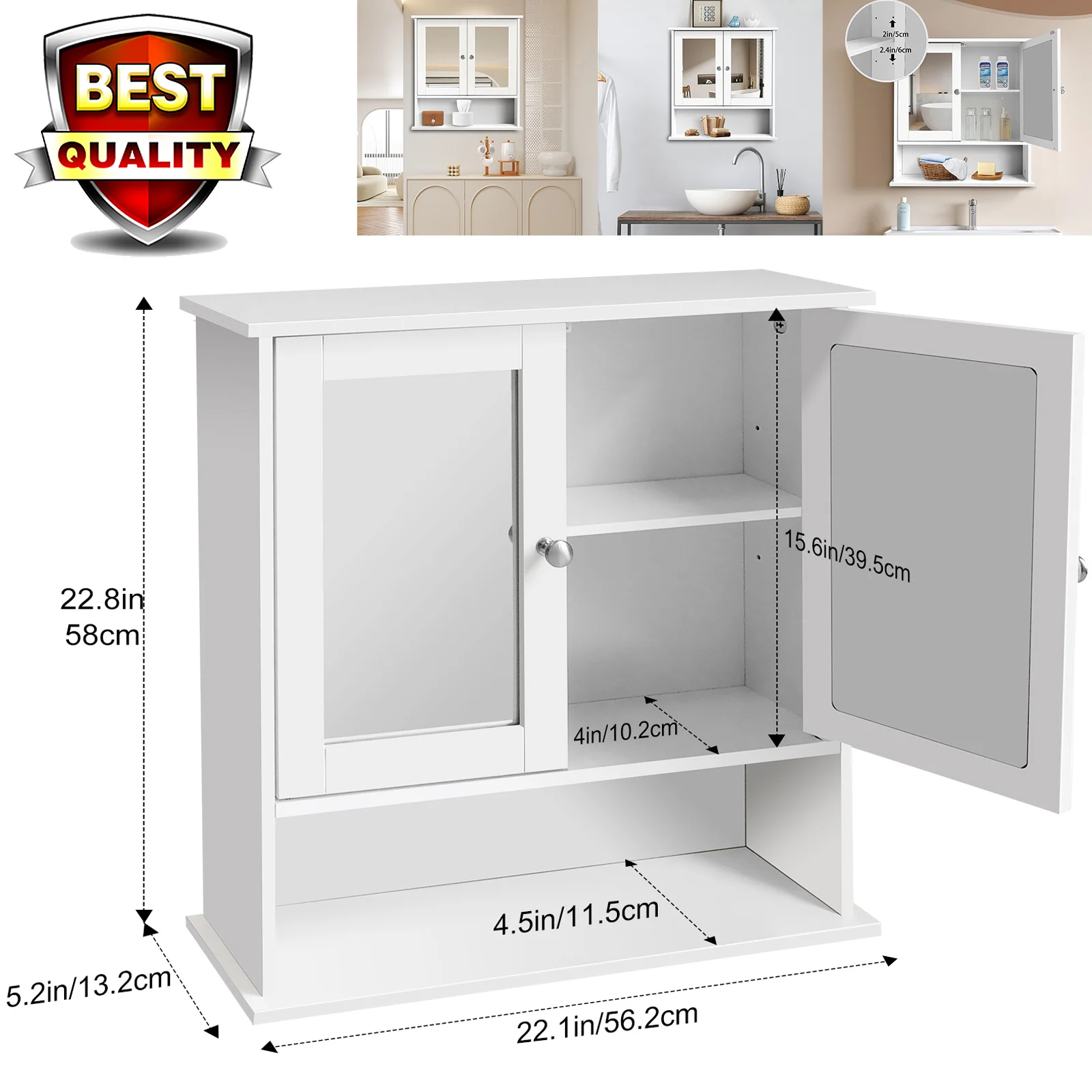 DayPlus Mirror Cabinet Double Door with Open Shelf, Wall Mounted Storage Cupboard for Bathroom with Adjustable Shelf White