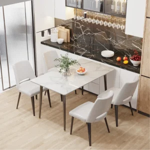 Modern Kitchen & Dining Table - Natural Texture Sintered Stone Top with Metal Frame | Ideal for Dining Room& Living Room