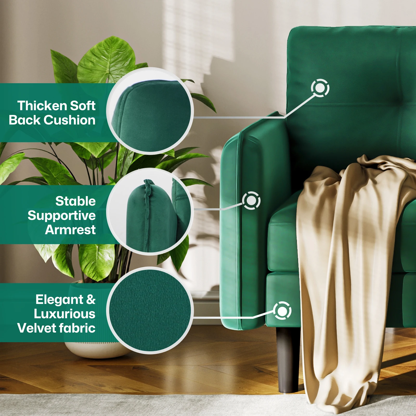 2 Seater Sofa, Modern Velvet Sofa Couch with Thicken Cushions, Comfy Loveseat Sofa for Living Room, Bedroom, Office, Apartment, - Image 4