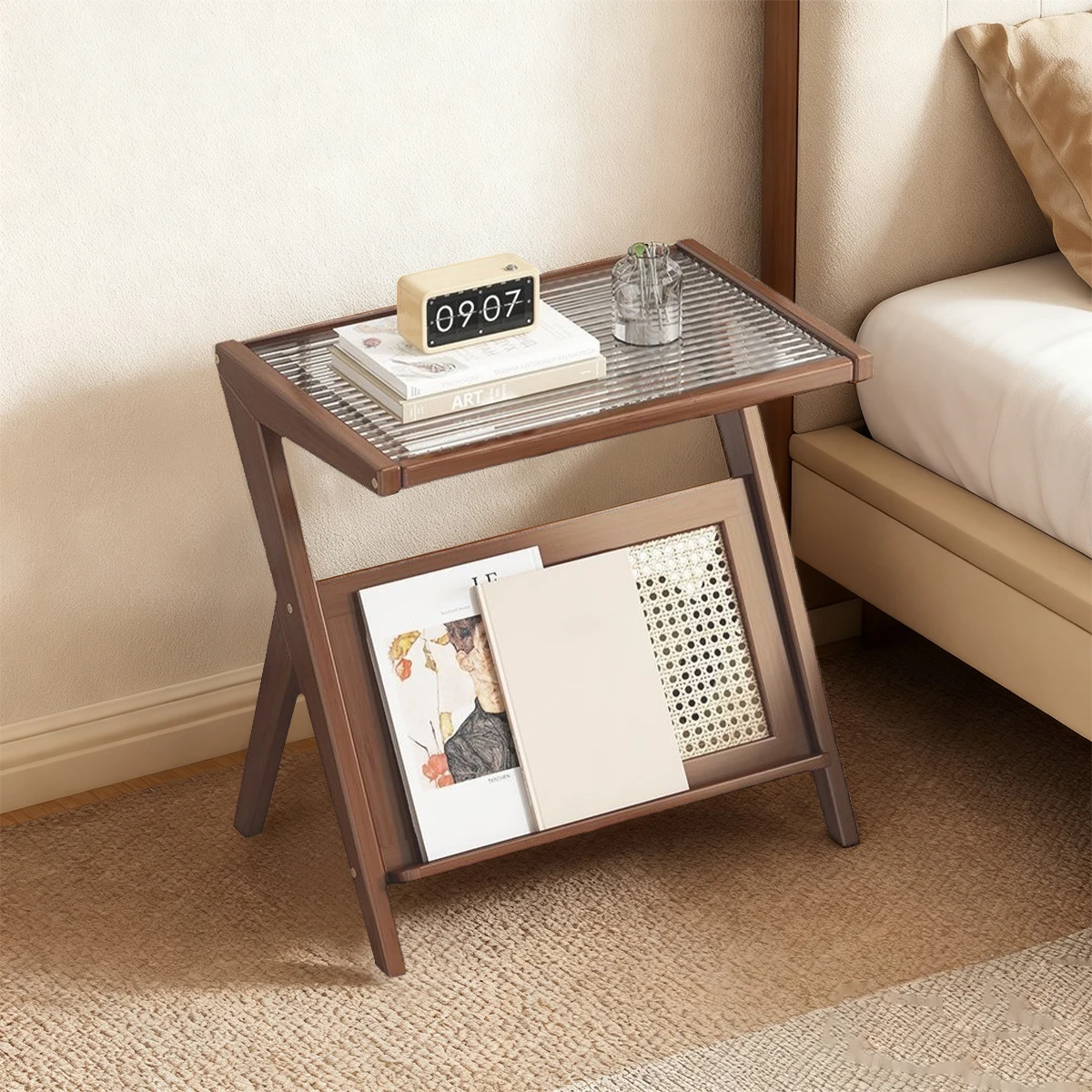 Compact Acrylic-Top Rattan Nightstand Bamboo Storage Shelves Boho Bedroom/Living Room Coffee Table Set - Image 3