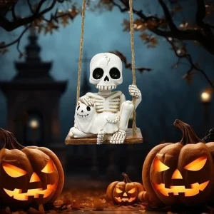 Swing Skeleton Holding Ghost Cat Garden Statue Outdoor Halloween Decor, 3.14 Inch Cute Skull Figurine Resin Sculpture
