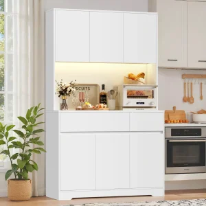 Getone Tall Cabinet Kitchen 180cm Cupboard Sideboard with LED, Power Outlet, Sideboard Storage Cabinet with 6 Doors and 2 Drawers Adjustable Shelves 180x100x38.5 cm