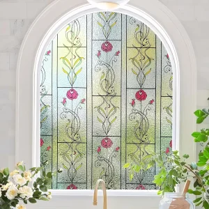 WINDOW FILMS Window Privacy Film Stained Glass Frosted Glass Films Decorative Window Film with Rose Flower Static Cling for Home