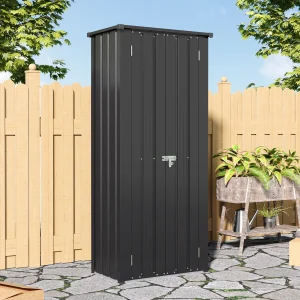 Voltsify Storage Cabinet Metal Garden Shed with Lockable Door, Black & Wood Grain