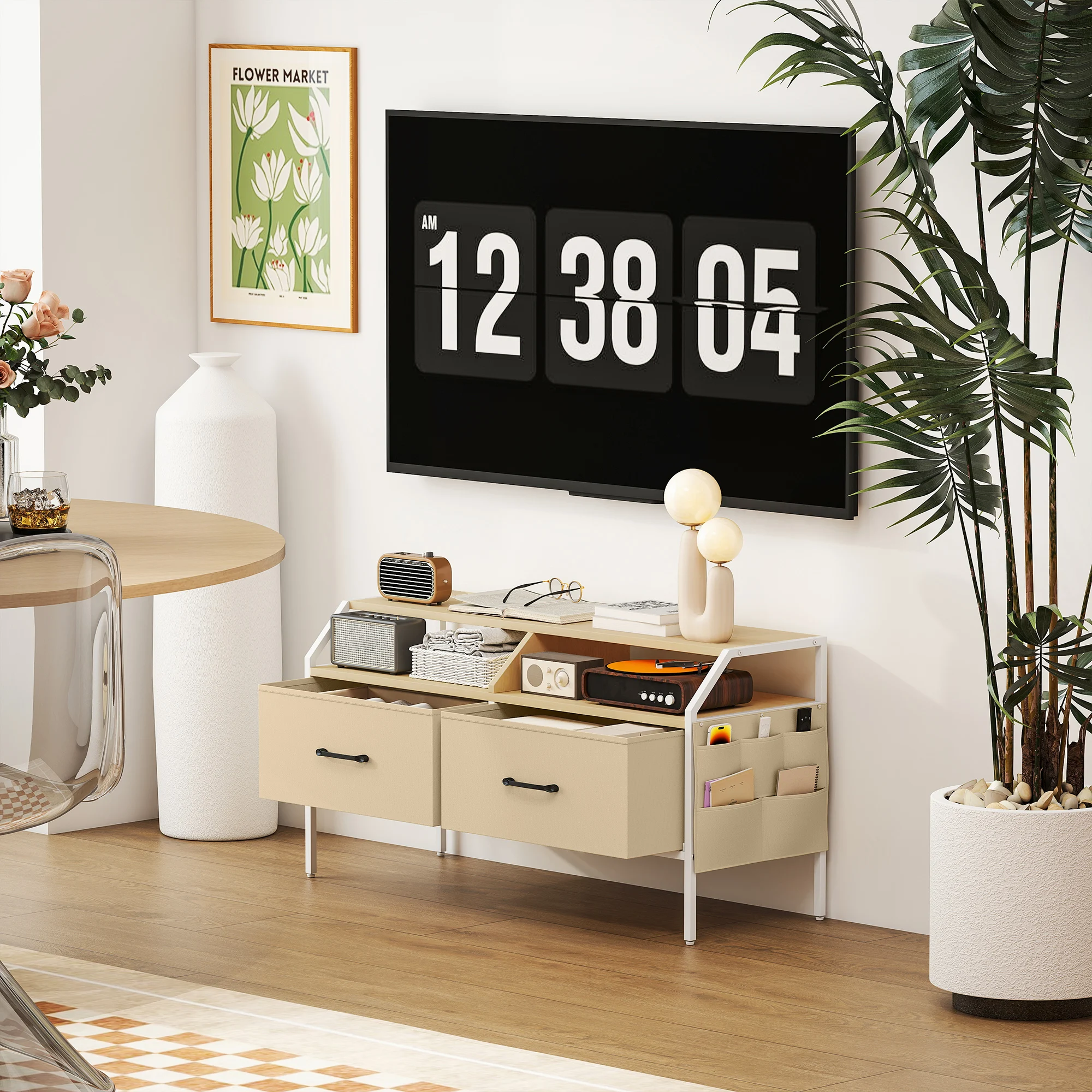 HOMCOM TV Stand Cabinet with 2 Foldable Drawers, Natural Wood Finish - Image 4