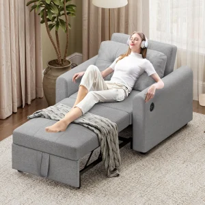 Sofa Bed, 3 in 1 Convertible Single Sofa Bed with USB & Type-C Ports, Pull Out Linen Single Sleeper Chair with Pocket