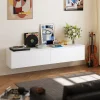 Wooden Entertainment Media Console White Floating TV Stand with 2 Flip-down Drawers