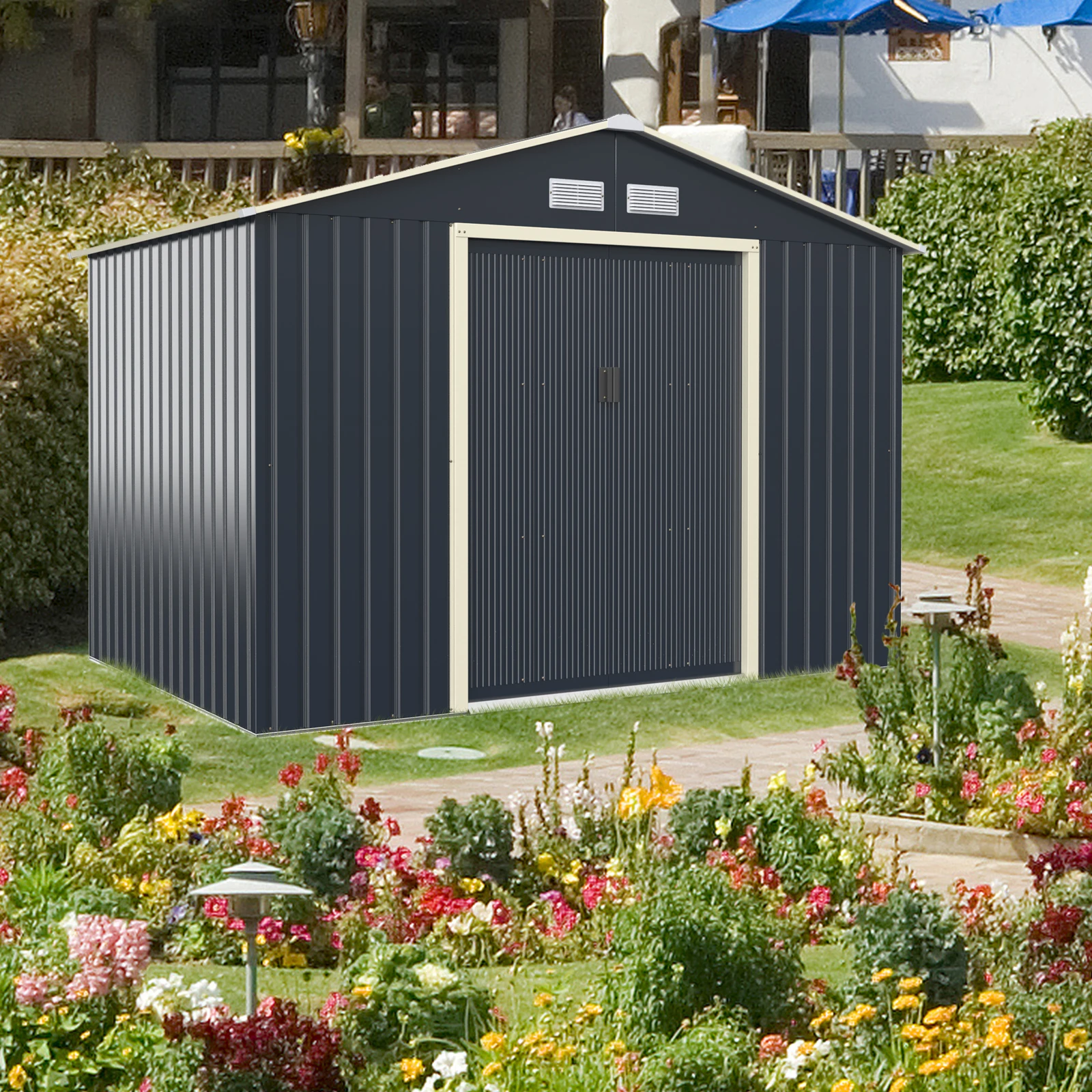 GOFLAME Outdoor Metal Storage Shed,277 x 191 x 202 cm, Steel Garden Tool Shed W/ 4 Vents & Double Sliding Door - Image 4