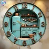 Vintage Kitchen Wall Clock, Silent Quartz Movement - Acrylic Retro Design with Turquoise Cabinets, Old Cookware and Rustic Bric