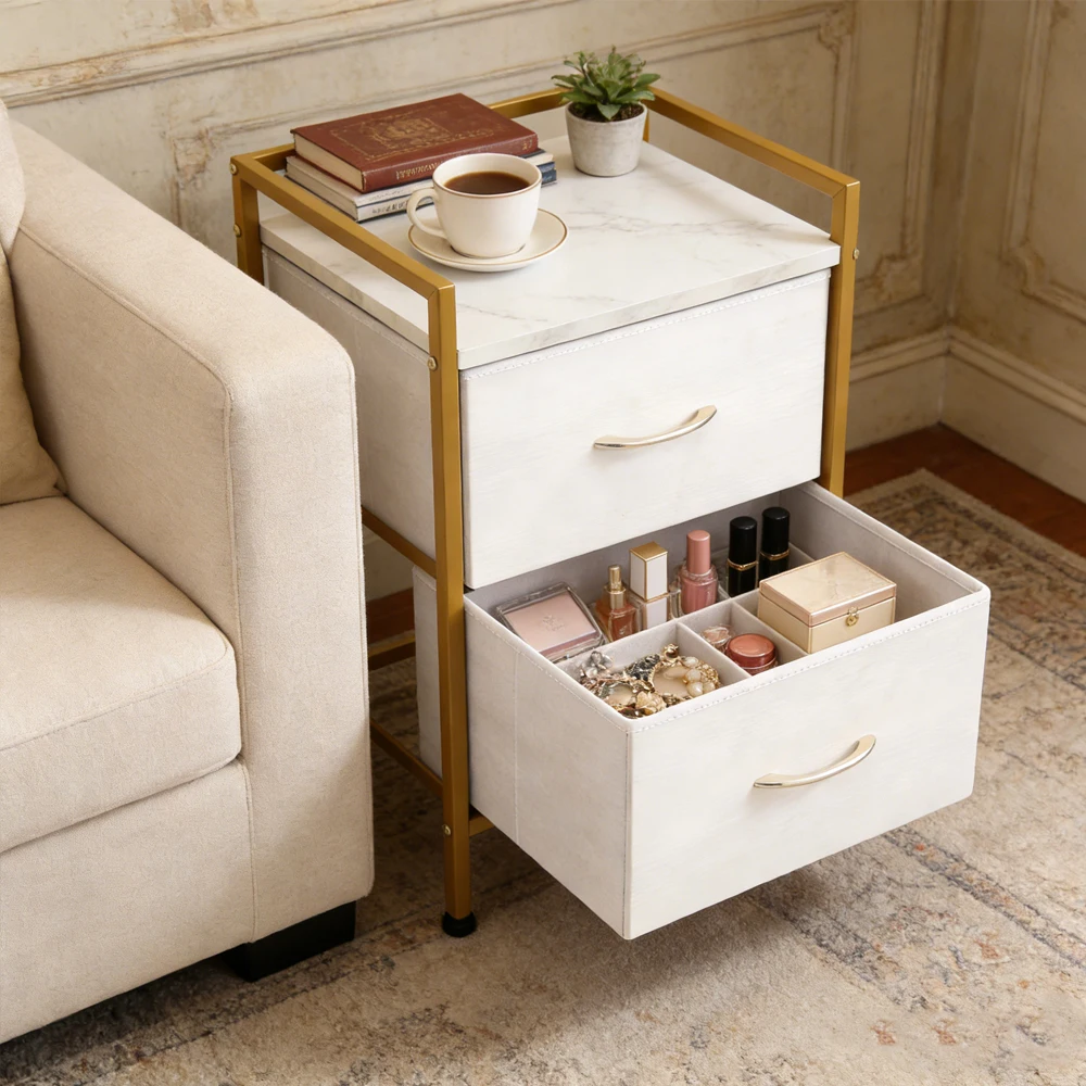 Nightstand With Fabric 2 Drawers,Sturdy Steel Frame,Organizer Unit for Bedroom, Living Room, Office - Image 5