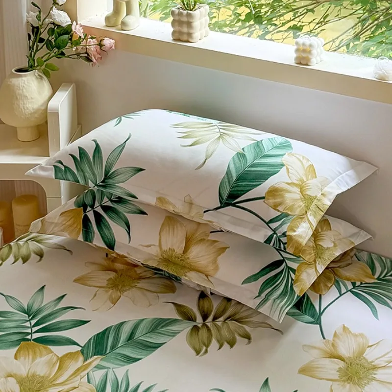 3PC Tropical Floral Fitted Sheet Set, Green Leaf Flower Printed Bedding Set with Pillowcases - Image 6