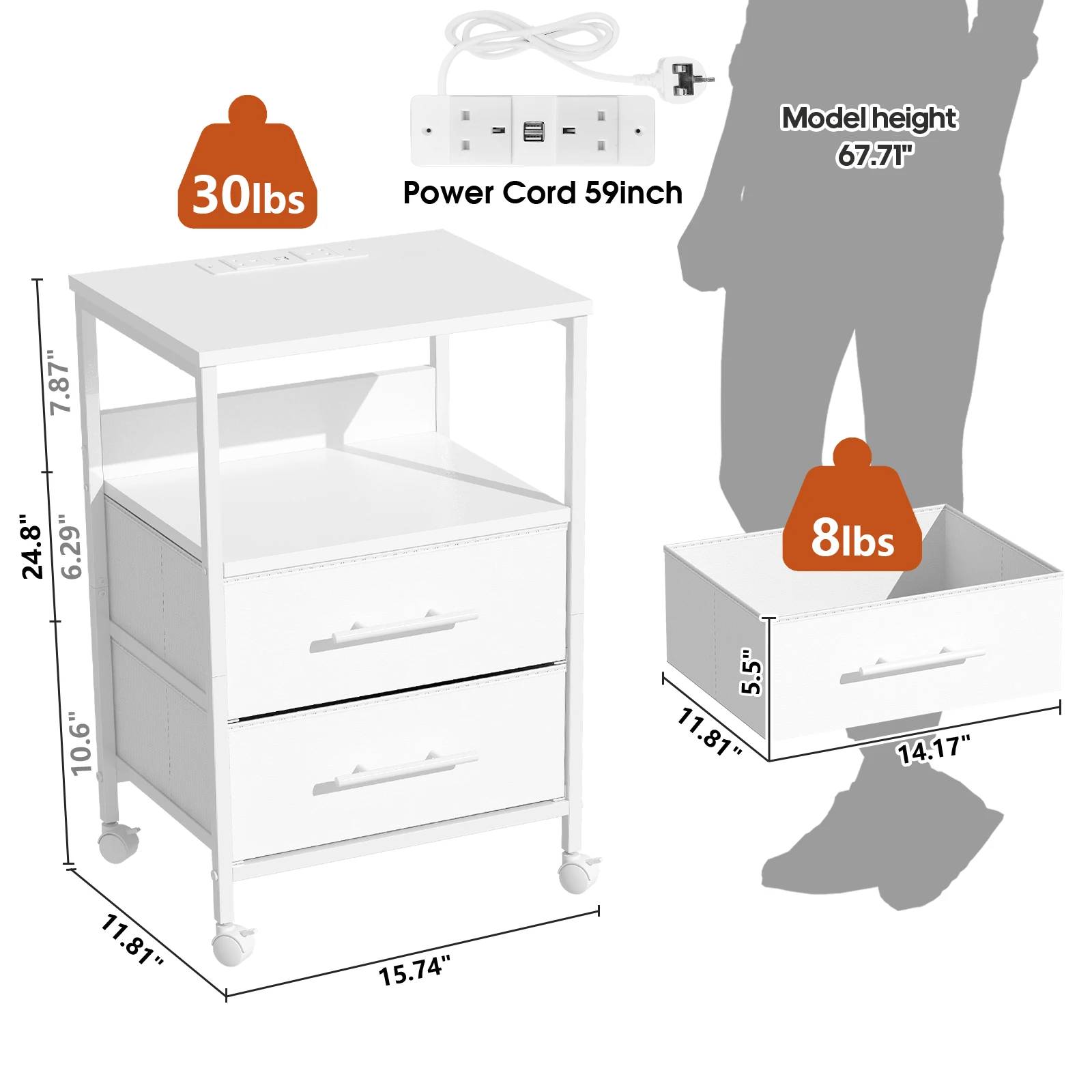 Bedside Table With Charging Station Nightstand With 2 Outlets And 2 USB Ports With 4 Castors - Image 6
