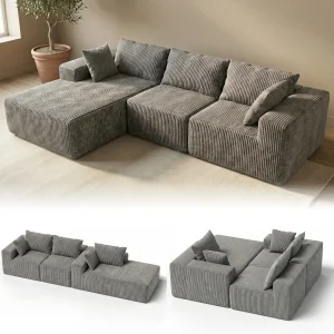 RUMMY L-Shaped Modular Boneless Sofa, No Assembly Required, Corduroy Upholstery with High-Resilience Foam