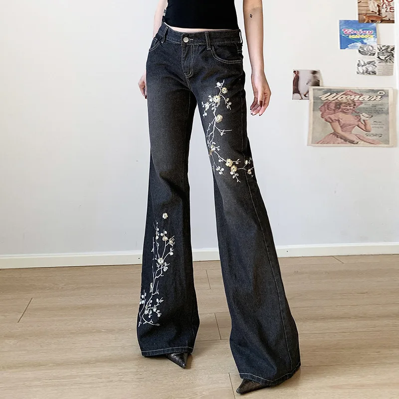 Jeans Women Y2k Pants Vintage American Retro High Street Bodycon Slim Fit Flared Low Rise Plant Embroidery Long Trousers - Image 4