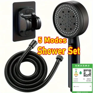 High-Pressure Handheld Shower Head with Stand and Hose - 5 Adjustable Water Flow Modes, Round Plastic Bathroom Accessory