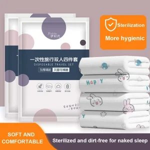 New Disposable Travel Bedding Set 4Piece Double Size Hotel Non Woven Bed Sheet Duvet Cover Pillowcase Portable for Business Trip