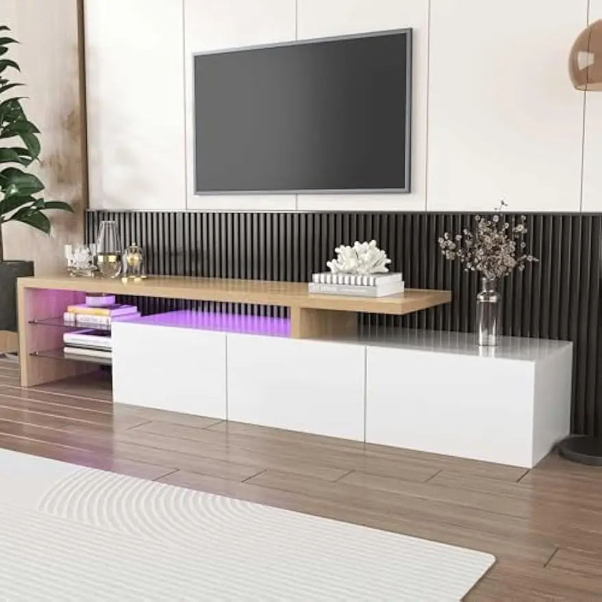 Modern TV Cabinet Design Stylish and Elegant Practical Storage High-gloss Wooden Look Glass Shelves LED Lighting (White) - Image 2