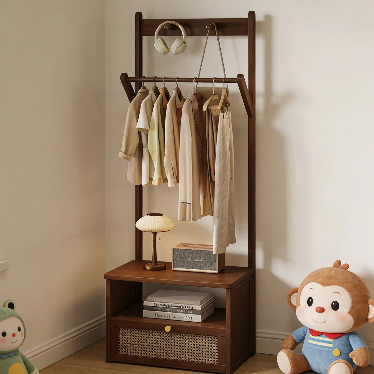 Bamboo 2-in-1 Bedside Rack & Nightstand - Small Space (40/50cm) with Drawer, Shelf & Hanging Rod for Essentials - Image 3