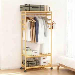 Bamboo Wooden Clothes Rail Garment Coat Rack Scarf & Purse Hanging Hooks Rolling Stand for Bedroom Entryway