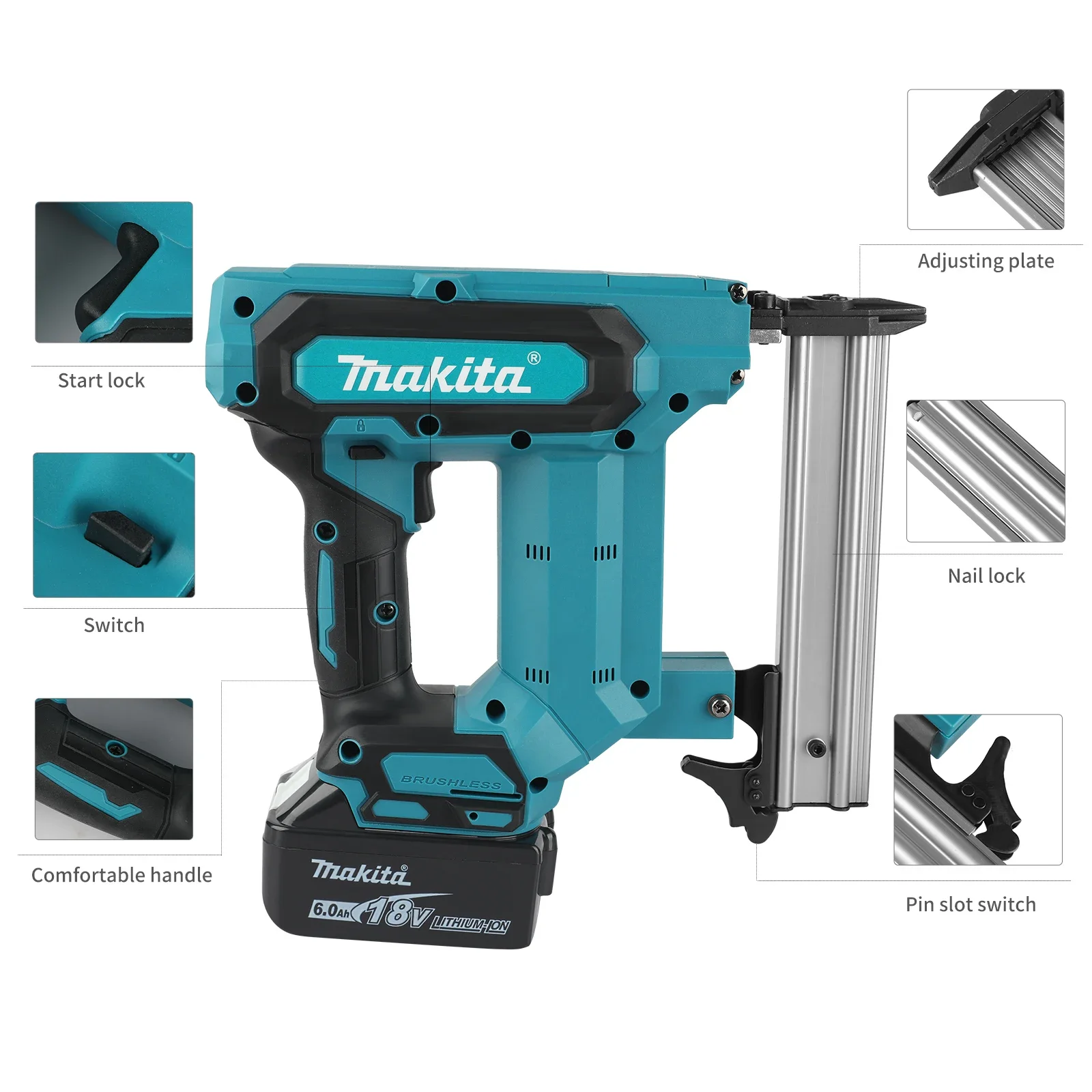 Makita Lithium-Ion Nail Gun:18V, 6.0Ah Battery, 100-Nail Capacity, Cordless, Ideal for Flooring, Shelving & DIY Wood Projects - Image 6