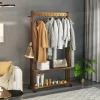 Wood Garment Rack Rolling Bamboo Clothes Hanging Rail with 2 Shelves and Bag Hooks