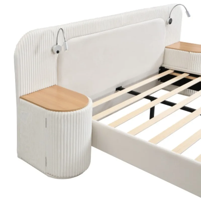 Upholstered bed, 4ft6 double bed 135×190cm, Bedside reading light, Includes bedside table, Velvet + Plywood, Beige - Image 5