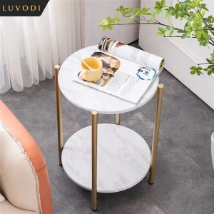LUVODI 2-Tier Round Coffee End Tables Sofa Side Table Plant Stand with Storage Shelf Metal Frame for Living Room Bedroom