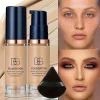 2Pcs Full Coverage Waterproof Liquid Foundation&Black Triangular Powder Puff-LongLasting Matte Finish Dark Circle&Blemish Cover