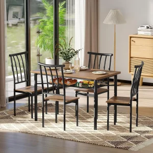 UK Dining Table Set for 4 People, 5-Piece Kitchen Table and Chairs with Storage Rack, Metal and Wood Rectangular Dining Room Tab