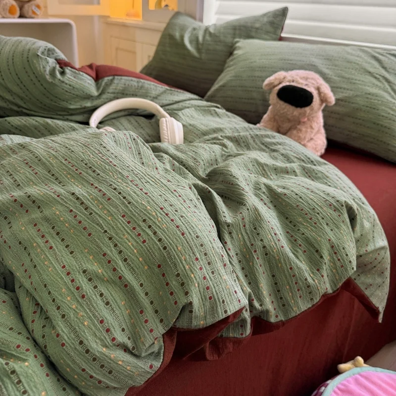 New Bedding Set Soft Double Gauze Strpie Printing AB Side Duvet Cover+Flat Sheet+Pillowcase Green Adult Kids Bed Set Full Single - Image 3