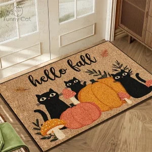VIKAMA Black Cat Pumpkin Autumn Doormat Machine Washable Rustic Kitchen Rug Bedroom & Bathroom Entryway Thanksgiving Home Decor