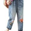 AmaxluluE Summer Fashion Ladies Elastic Elegant Jeans Womens Casual Floral Embroidery Denim Trousers Females Loose Harem Pants
