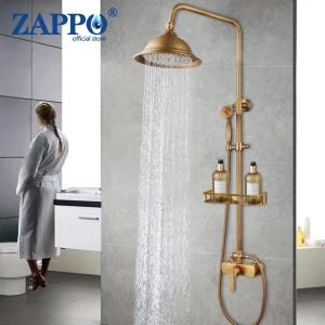 ZAPPO Antique Brass Shower Systerm Flexible Retro Brass Bathroom Shower Set Wall Mount Shower Faucet with Handheld Shower Head