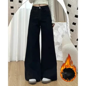 Winter Girls Solid High Waist Plush Jeans Lady Outside Snow Warm Denim Trousers Women Casual Thermal Fleece Pants
