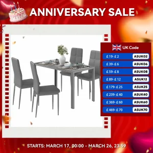 HOMCOM 5 Piece Dining Set Table and 4 Chairs Set for 4 Persons Kitchen Glasstop