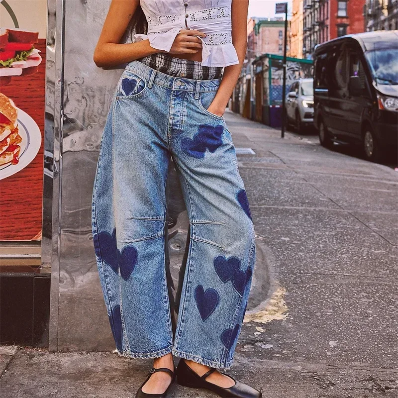2024 Fashion Love Print Decoration Denim Pants Women Loose Straight Jeans Female Casual Midi Waist Trousers New Trend Streetwear - Image 3