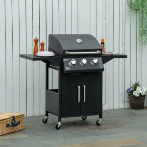 3 Burner Gas BBQ Grill Outdoor Portable Barbecue Trolley w/ Warming Rack,Side Shelves,Storage Cabinet,Thermometer,Black ﻿