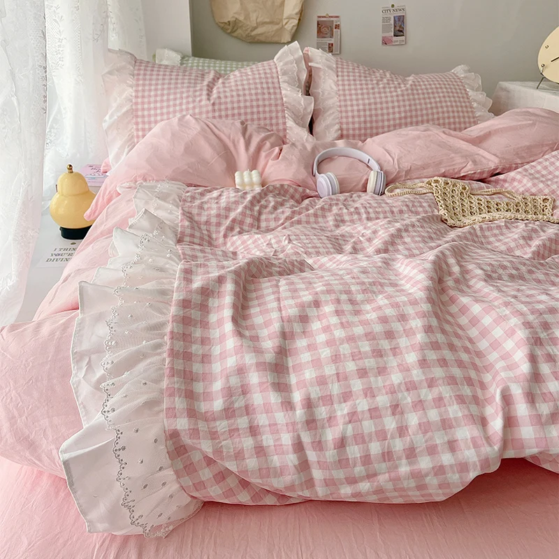 3 Piece Sheet Set pink plaid duvet cover Set , comfortable Bedding Set Bedspread for All Season - Image 4