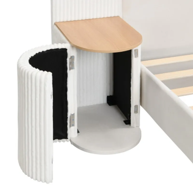 Upholstered bed, 4ft6 double bed 135×190cm, Bedside reading light, Includes bedside table, Velvet + Plywood, Beige - Image 6