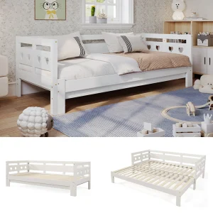 Solid Wood Day Bed With Trundle, Convertible Double Bed, Pull Out Sofa Bed For Guest Room Living Room Bedroom, Slatted Base