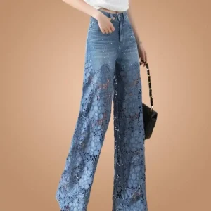 New Fashion Vintage Hollow Out Lace Flowers Lady Jeans Loose Straight Denim Pants High Street Elegant Summer Trousers Chic Pant