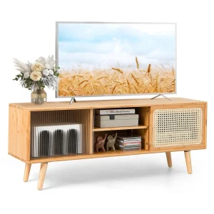 GOFLAME Mid Century Modern TV Stand for TVs up to 55’’ Bamboo Entertainment Center