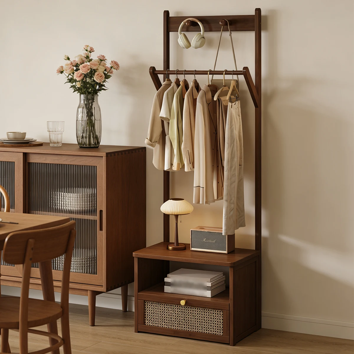 Bamboo 2-in-1 Bedside Rack & Nightstand - Small Space (40/50cm) with Drawer, Shelf & Hanging Rod for Essentials - Image 6