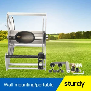 1/2" 40M Capacity Stainless Steel Hose Reel Cart with 360° Rotatable Handle Wall and Floor Mount Garden Hose Reel