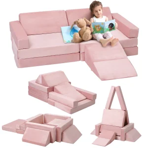 12 Pcs Kids Modular Play Couch Sofa with Square Ball Pit & Climbing Slope Cushion Play Activity Area Children's Furniture