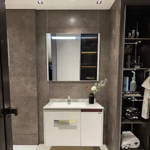 Wall Hung One Piece Sintered Stone Ceramic Sink Stainless Steel Bathroom Cabinet Mirror Set 80cm Bathroom Vanity
