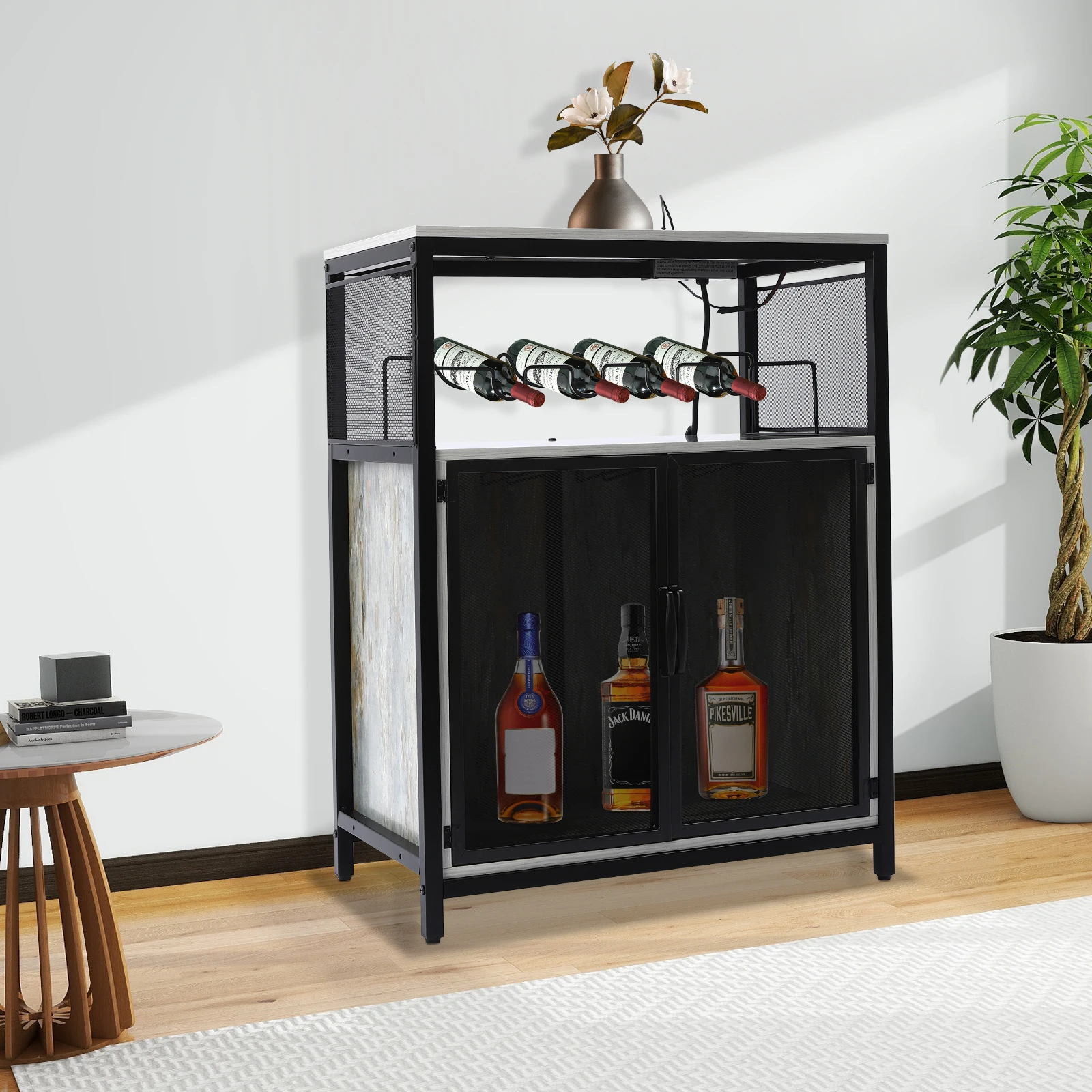 Multifunctional Wine Bar Cabinet, Acts As Coffee Bar/Buffet/Sideboard, Plastic Anti-Slip Foot Mats, Raised Bottom, Dark Brown - Image 4