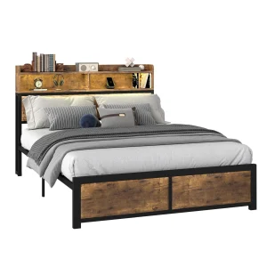 YITAHOME Wood Super King Bed Frame - LED Headboard with USB Ports, 2-Tier Shelves, Metal Platform (No Box Spring)